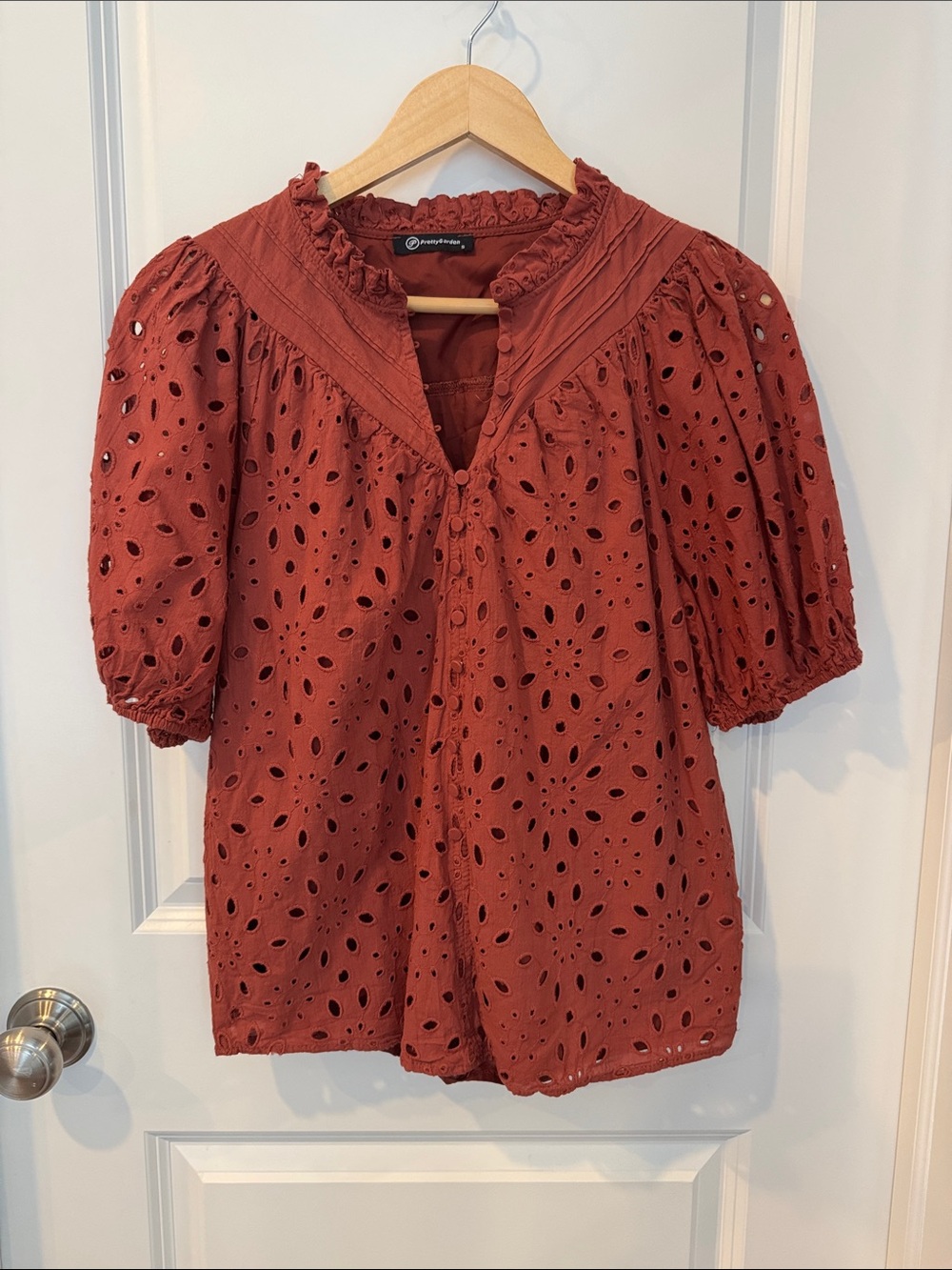 Amazon Rust Eyelet Puff-Sleeve Blouse